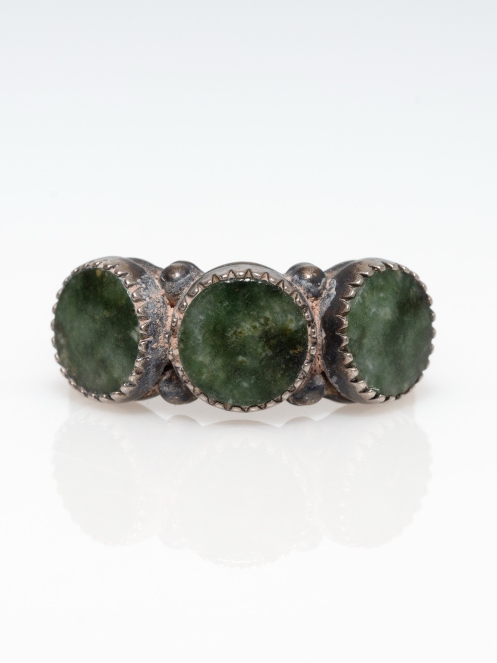 Vintage Green Jade Three-Stone Sterling Ring